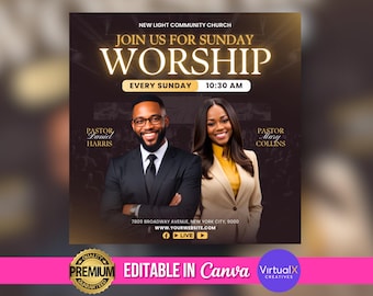 Church Invitation Template, Sunday Service Flyer, Worship, Ministry, Editable Bible Study Poster Social Media, Revival Livestream Canva