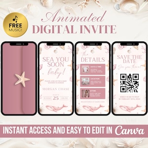 May include: Digital invitation design for a baby shower, displayed on four smartphones. The design features a starfish, whales, and seashells in shades of pink and beige. Text includes "Sea You Soon Baby!" and "Save the Date".