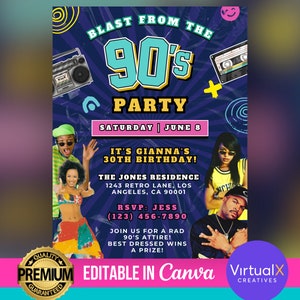 Flyer verjaardagsfeestje jaren 90, flyer retro verjaardagsfeestje, huisfeestuitnodiging, DIY Canva-flyer, club DJ-themaflyer jaren 90, bewerkbare verjaardagsuitnodiging