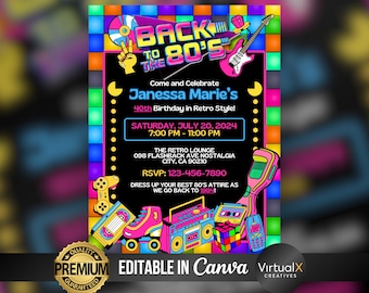 Back to the 80s Party Flyer, Retro Bday, Throwback Party Invite, Neon Disco Rewind, 90s Glow Dance, 2000s Birthday, Editable Invitation