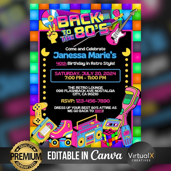 Back to the 80s Party Flyer, Retro Bday, Throwback Party Invite, Neon Disco Rewind, 90s Glow Dance, 2000s Birthday, Editable Invitation