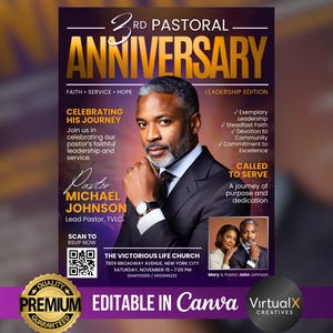 May include: A promotional poster for the 3rd Pastoral Anniversary, featuring a portrait of Pastor Michael Johnson. The design includes gold text, a purple background, and the words "Celebrating His Journey." It also includes the text "Editable in Canva."