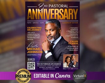 Circulaire anniversaire pastoral | Modèle de magazine d'appréciation du pasteur | Flyer modifiable pour l'événement de l'église | Affiche chrétienne de service de culte | Toile