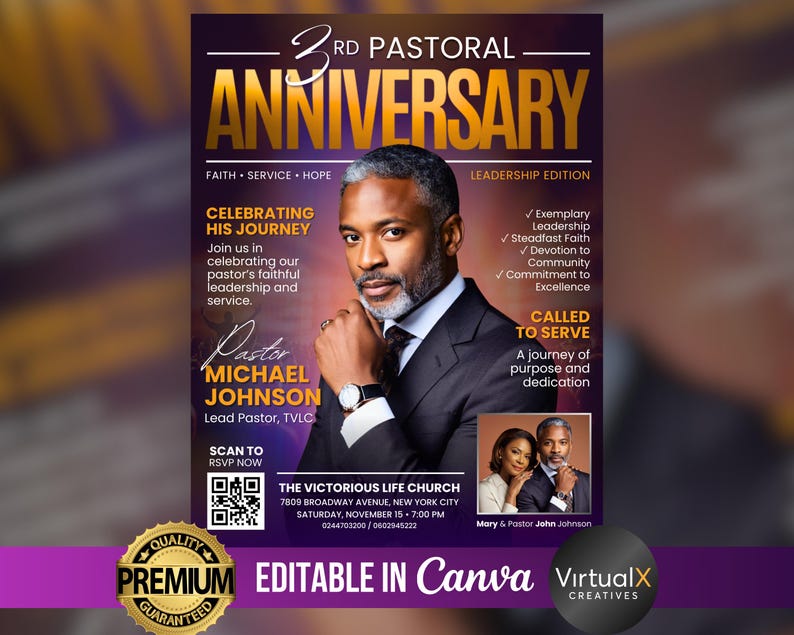 May include: A promotional poster for the 3rd Pastoral Anniversary, featuring a portrait of Pastor Michael Johnson. The design includes gold text, a purple background, and the words "Celebrating His Journey." It also includes the text "Editable in Canva."