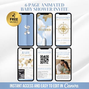 Passport Baby Shower Invitation Template, Travel Theme Baby Shower Invite, Dusty Blue Baby Shower, Editable Canva, Animated Digital Invite
