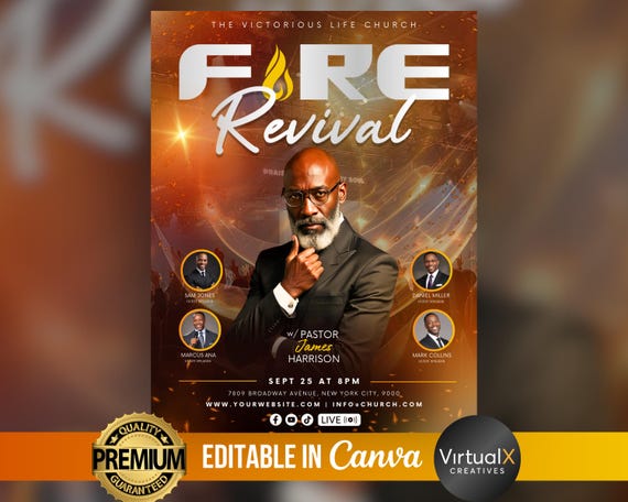 Fire Revival Church Flyer, Church Event Flyer, Editable Flame Church Design Flyer, Online Worship Service Template, Guest Speaker, Digital