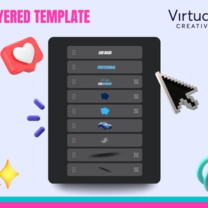 May include: A digital graphic design template with the text "LAYERED TEMPLATE" in pink. The design includes a tablet-like interface with car wash-related icons, a cursor, and social media elements like a heart icon.