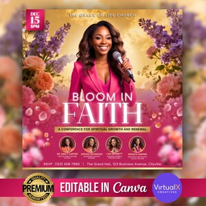 May include: A promotional graphic for a spiritual growth and renewal conference. The image features a woman holding a microphone, with the words "Bloom in Faith" in large letters. The background is a mix of pink and gold with floral accents.