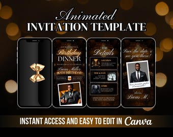 Invito per cena di compleanno, invito modificabile per festa maschile, video di celebrazione di un evento in nero e oro, invito digitale animato per festa in oro Canva