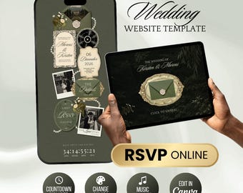 Olive Green Wedding Invitation, Old Money RSVP Website, Music and Countdown, Canva Digital Download