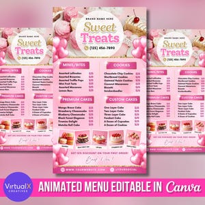 Flyer de cardápio de padaria animado, sobremesas saborosas de pastelaria, guloseimas doces, vídeo de venda de bolos, negócio de bolos, modelo de padaria digital, buffet de doces