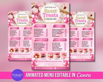 May include: Pink and gold menu for a bakery called "Sweet Treats". The menu lists various cakes, cookies, and mini bites with prices. The menu is decorated with pink hearts and a cupcake graphic.