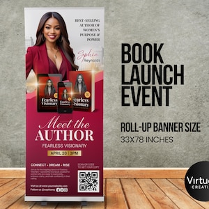 Puede incluir: Un banner enrollable para un evento de lanzamiento de libro. El banner presenta a una mujer con una blazer roja, el texto "Meet the Author" y el t&iacute;tulo del libro "Fearless Visionary". El banner mide 84x198 cm.
