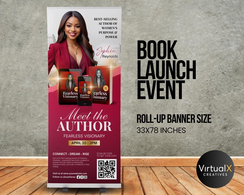 Puede incluir: Un banner enrollable para un evento de lanzamiento de libro. El banner presenta a una mujer con una blazer roja, el texto "Meet the Author" y el t&iacute;tulo del libro "Fearless Visionary". El banner mide 84x198 cm.