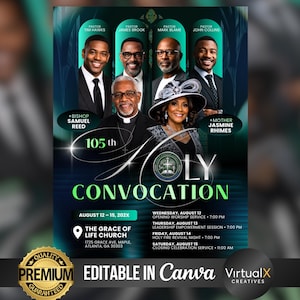 Può includere: Un volantino digitale per la 105ª Santa Convocazione presso la chiesa The Grace of Life di Atlanta, con i ritratti di sei leader religiosi, le date dal 12 al 15 agosto 202X e un programma dettagliato di funzioni e sessioni.