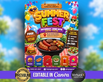 Summer BBQ Flyer, Summer Festival, BBQ Cookout Party Invitation, Family Kids Friends Community Event, Editable Church Picnic Poster