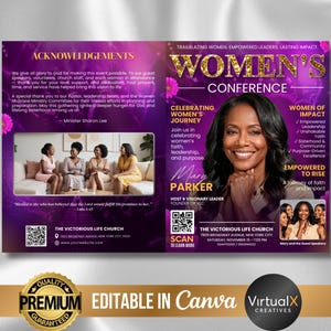 May include: A Women's Conference flyer with a purple and gold design. The flyer features a photo of a woman and the text "Women's Conference". It includes information about the event, including the date, time, and location.