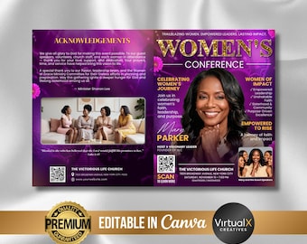 Può includere: Un volantino della Women's Conference con un design viola e oro. Il volantino presenta una foto di una donna e il testo "Women's Conference". Include informazioni sull'evento, tra cui data, ora e luogo.