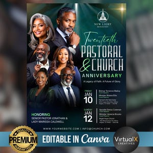 K&ouml;nnte beinhalten: Ein Werbeplakat f&uuml;r das zwanzigste Pastoral- und Kirchenjubil&auml;um des New Light Ministry. Das Plakat zeigt Bilder von mehreren Personen, Veranstaltungsdetails und den Text "EDITABLE IN Canva". Die Veranstaltung findet am 10. und 12. Januar statt.