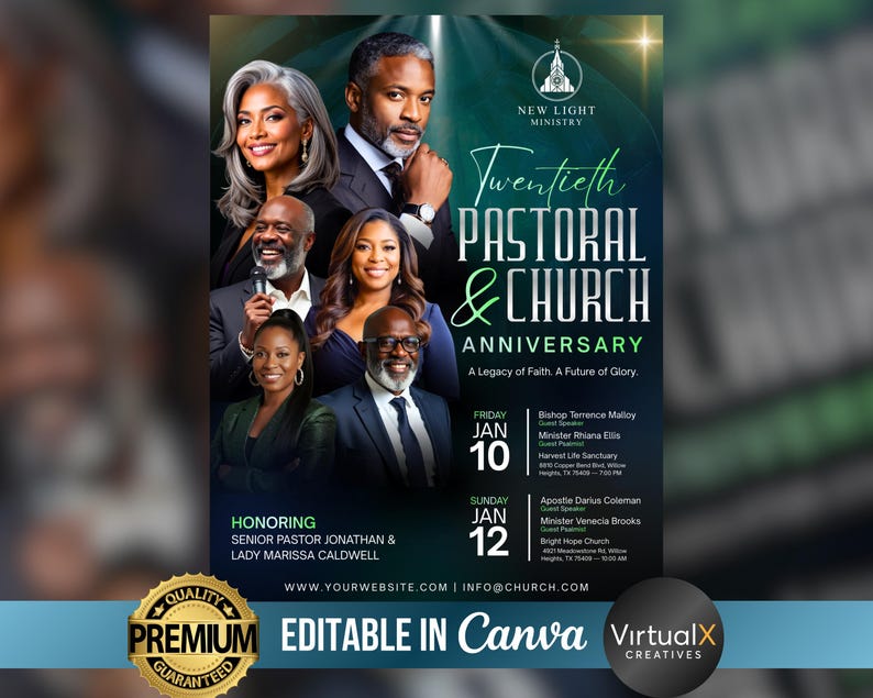 K&ouml;nnte beinhalten: Ein Werbeplakat f&uuml;r das zwanzigste Pastoral- und Kirchenjubil&auml;um des New Light Ministry. Das Plakat zeigt Bilder von mehreren Personen, Veranstaltungsdetails und den Text "EDITABLE IN Canva". Die Veranstaltung findet am 10. und 12. Januar statt.