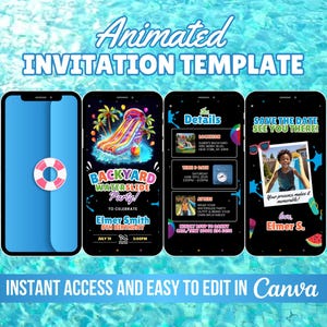 May include: An animated invitation template on four smartphones. The template features a backyard waterslide party theme with a colorful waterslide graphic, party details, and a photo. Text includes "Animated Invitation Template" and "Instant Access and Easy to Edit in Canva."