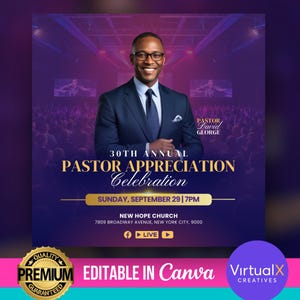 Modello di programma di apprezzamento del pastore, anniversario del pastore, oro viola, anniversario della chiesa in live streaming, programma del banchetto, design fai da te Canva