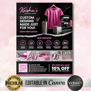 May include: A promotional flyer for Keisha's Creative Studio, featuring a pink t-shirt, tumbler, and printing equipment against a black background. The flyer advertises custom design, print, and branding services, with a 10% discount for first-time customers.