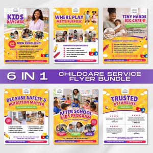 6 Childcare Service Bundle Flyer, Daycare, Kindergarten, Pre-School, Montessori, Babysitter, Admission, Kid Care Editable Canva Template