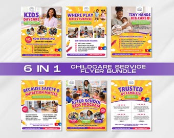 6 Childcare Service Bundle Flyer, Daycare, Kindergarten, Pre-School, Montessori, Babysitter, Admission, Kid Care Editable Canva Template