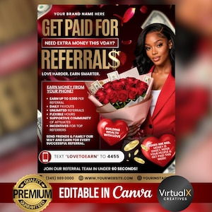 Może przedstawiać: Grafika promocyjna z kobietą trzymającą bukiet czerwonych róż. Tekst zawiera "Get Paid For Referrals", "Earn Money From Your Phone" i "Wyślij SMS o treści LOVETOEARN na numer 4455". Projekt zawiera czerwone i złote akcenty, banknoty i grafiki w kształcie serca.