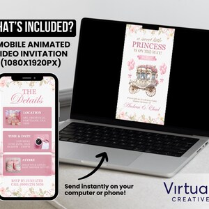 May include: A mobile animated video invitation displayed on a laptop and a smartphone. The invitation features a pink and floral design with the text "A sweet little princess is on the way!" and event details. The phone shows event details.
