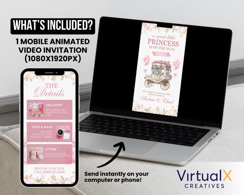 May include: A mobile animated video invitation displayed on a laptop and a smartphone. The invitation features a pink and floral design with the text "A sweet little princess is on the way!" and event details. The phone shows event details.