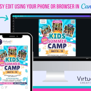 May include: A colorful flyer for a kids summer camp. The flyer features a blue, green, and yellow background with a white border. The text on the flyer reads "Kids Summer Camp" and "July 15-19". The flyer also includes a QR code and images of children participating in various activities.