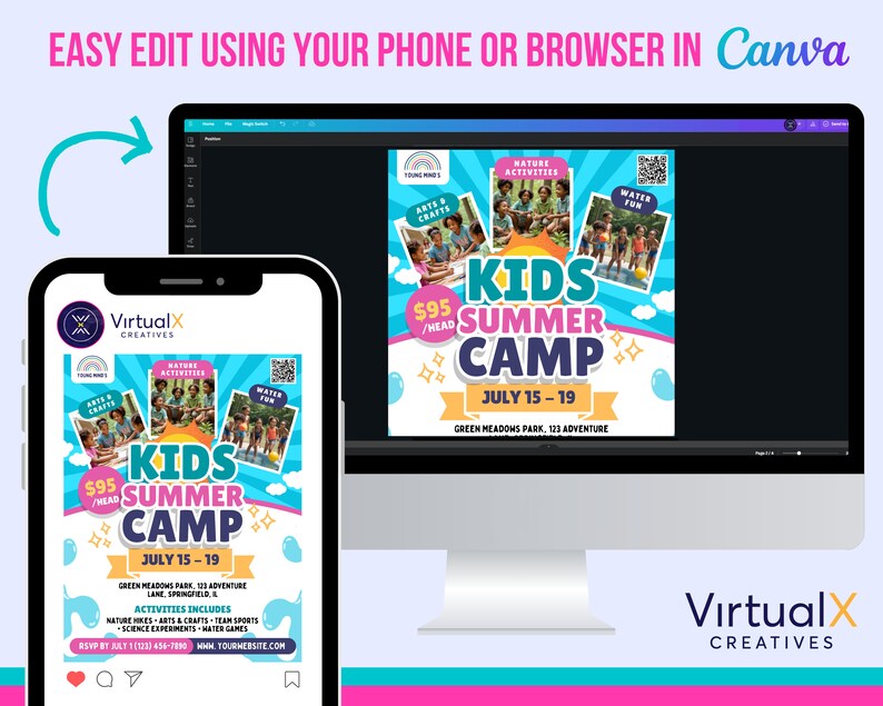 May include: A colorful flyer for a kids summer camp. The flyer features a blue, green, and yellow background with a white border. The text on the flyer reads "Kids Summer Camp" and "July 15-19". The flyer also includes a QR code and images of children participating in various activities.
