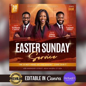 Könnte beinhalten: Ein roter und goldener Flyer mit dem Text "Easter Sunday Service" und dem Datum "20 APR". Der Flyer enthält auch die Namen von drei Pastoren: William Carter, Hilda Harris und Nathan Miller. Der Flyer gibt an, dass der Gottesdienst um 8 Uhr morgens beginnt und die Bibelstelle Lukas 24,6-7 enthält. Der Flyer enthält auch die Adresse "456 Harmony Street, New Haven, CT 1234".