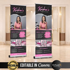 Puede incluir: Dos roll-up banners con el texto "Keisha's Creative Studio" en rosa y negro. Los banners presentan una foto de una mujer y el texto "Perfect for Small Businesses, Entrepreneurs, Content Creators, Events & More."