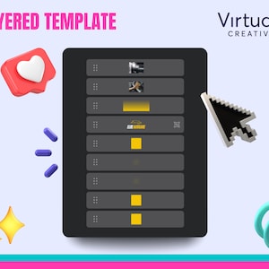 May include: A layered template for a social media post, displayed on a computer screen. The template includes a heart icon, a yellow rectangle, and a black and white image of a car. The text "LAYERED TEMPLATE" is at the top of the image, and the text "VirtualX CREATIVES" is at the top right of the image.