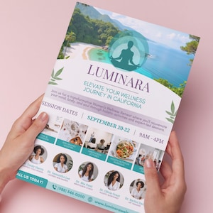 Op de afbeelding: Een flyer voor een wellness-retraite voor vrouwen in Californi&euml; genaamd Luminara. De flyer toont een foto van een strand en een mediterende vrouw. De tekst op de flyer luidt "Elevate Your Wellness Journey in California" en "September 20-22, 9AM-4PM".