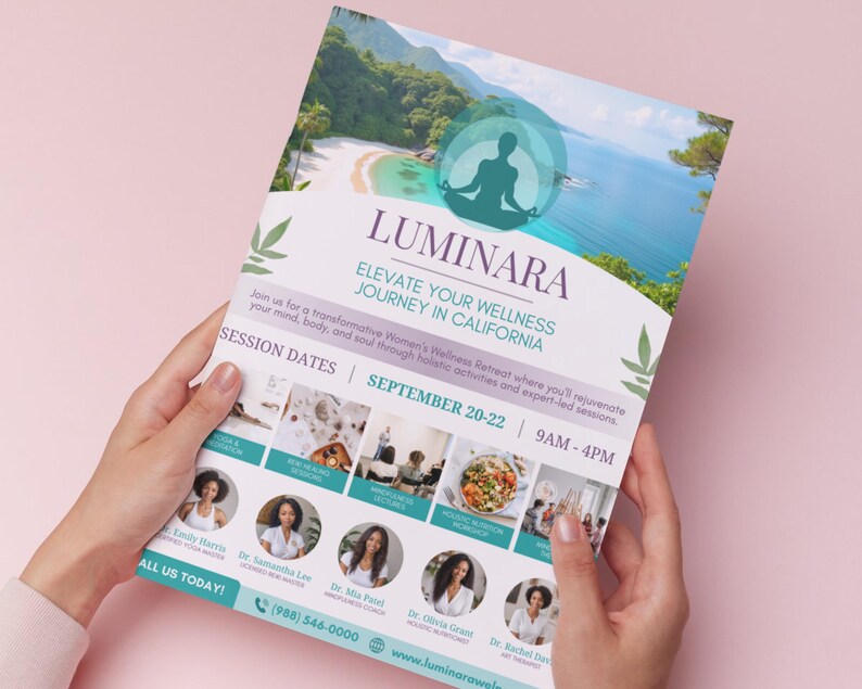 Op de afbeelding: Een flyer voor een wellness-retraite voor vrouwen in Californi&euml; genaamd Luminara. De flyer toont een foto van een strand en een mediterende vrouw. De tekst op de flyer luidt "Elevate Your Wellness Journey in California" en "September 20-22, 9AM-4PM".