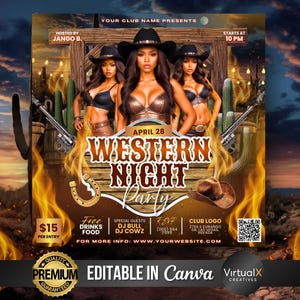 Western Night Party Flyer, Cowgirl Rodeo Event, Dukes and Boots Night Club Flyer, Western Party, Summer Pool Party, DIY Canva Template