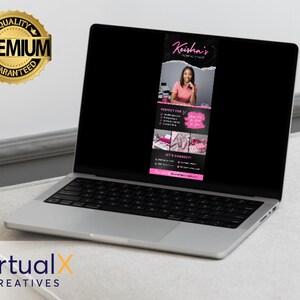 Puede incluir: Un port&aacute;til muestra un banner promocional de "Keisha's Makeup Studio". El banner presenta una foto de una mujer, detalles en rosa y texto. Un sello dorado "Quality Premium Guaranteed" est&aacute; en la parte superior izquierda. El port&aacute;til est&aacute; sobre una superficie blanca.