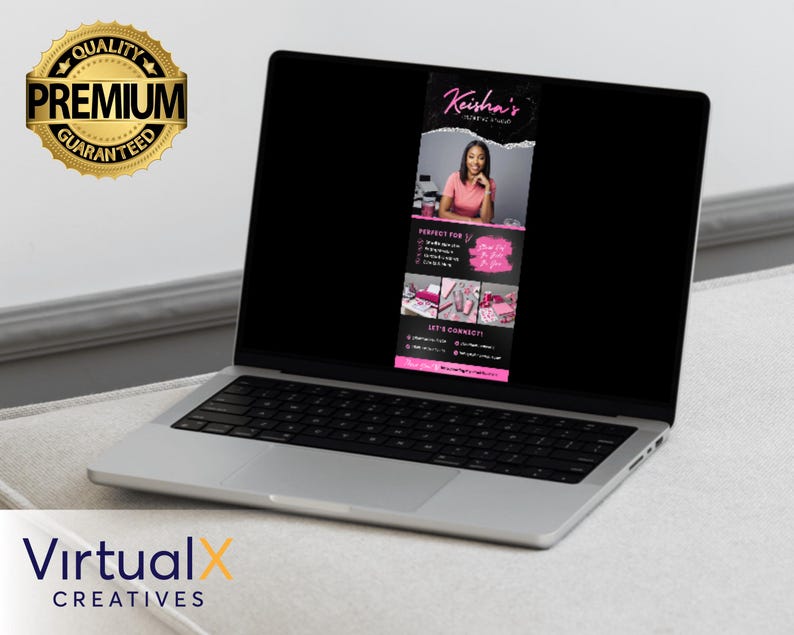 Puede incluir: Un port&aacute;til muestra un banner promocional de "Keisha's Makeup Studio". El banner presenta una foto de una mujer, detalles en rosa y texto. Un sello dorado "Quality Premium Guaranteed" est&aacute; en la parte superior izquierda. El port&aacute;til est&aacute; sobre una superficie blanca.
