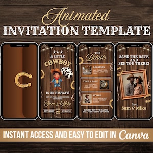 Invito per baby shower in stile western, invito animato "Salta in sella e mettiti gli stivali", invito per baby shower in stile cowboy, invito digitale fai da te per rodeo su Canva