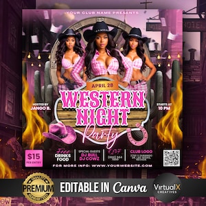 Western Night Party Flyer, Cowgirl Rodeo Event, Dukes and Boots Night Club Flyer, Pink Western Party, Summer Pool Party, DIY Canva Template