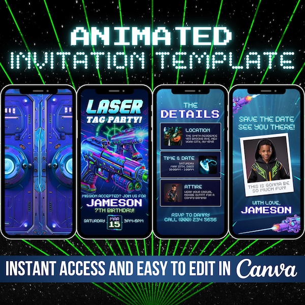 Laser Tag Birthday Invite, Animated Neon Glow Laser Party, Gamer Arcade Birthday Invitation, Lazer Tag E-vite, Laser Lights Video Canva