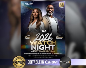Folleto del servicio de Nochevieja de Watch Night, celebración de fin de año, oradores invitados al evento de Crossover Church, plantilla editable
