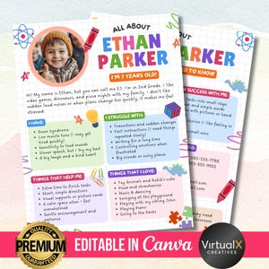 Back to School All About Me, Child Info Template, Special Needs Teacher Therapist Guide, Kids Intro, Autism, ADHD, IEPs, Speech Disorder