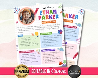 Back to School All About Me, Child Info Template, Special Needs Teacher Therapist Guide, Kids Intro, Autism, ADHD, IEPs, Speech Disorder