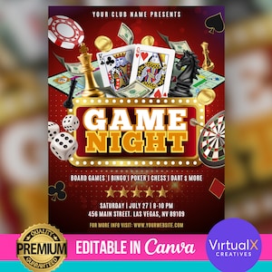 Flyer game-avond feest, bewerkbare uitnodiging game-avond volwassen feest, DIY casino, bingo, pokerflyer, afdrukbare sjabloon game-avond Canva