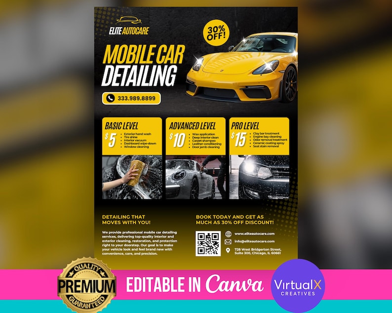 May include: A black and yellow flyer advertising mobile car detailing services. The flyer features a yellow sports car, a phone number, and a price list for three different detailing packages: Basic, Advanced, and Pro. The flyer also includes a QR code and the text "Editable in Canva".